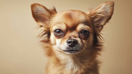 Obraz premium Chihuahua dog on a plain beige studio background grimacing funny evil face : Generative AI