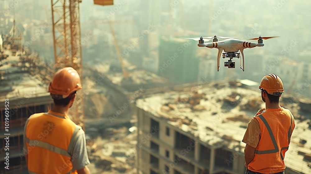 Aufkleber Engineer surveyor team Use drone for operator inspecting and survey construction site Surveyors or explorer use drones to view construction sites or check security : Generative AI