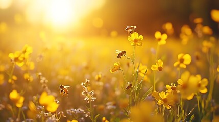 As the sun bathes the fields in warm hues in this time In the golden fields of mustard flowers bees are collecting honey with precision and care : Generative AI