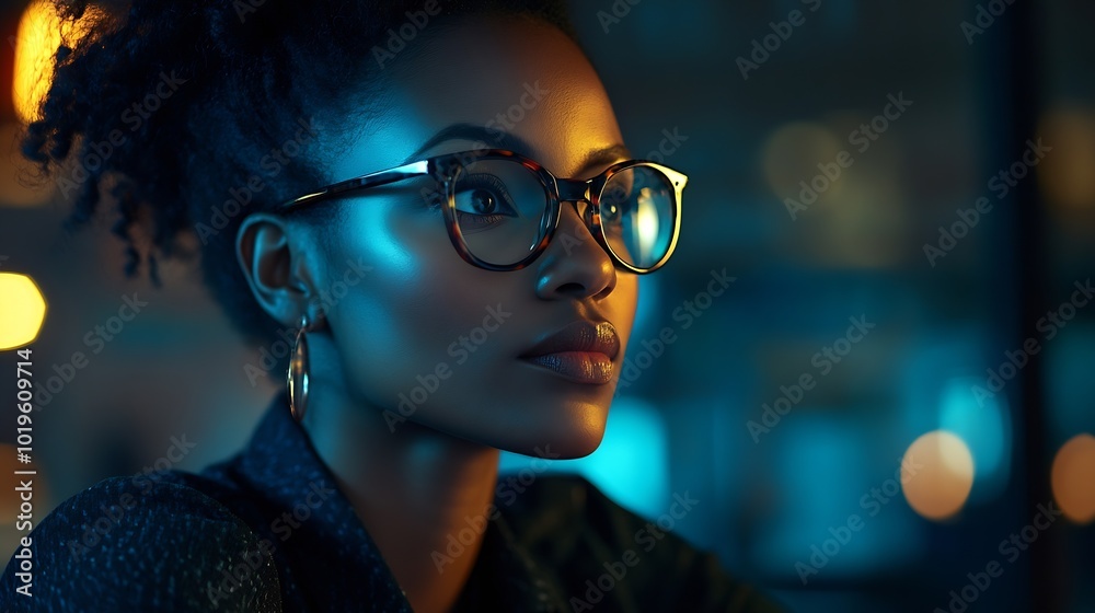 Aufkleber black woman working in office and communication network concept ict information communication techno