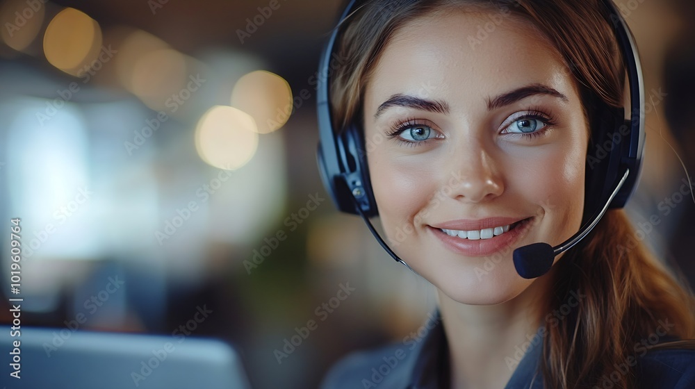 Poster Smiling caucasian business woman with headset working on a laptop in a call center on the line Happy female working in a busy customer service department and taking notes while talking : Generative AI