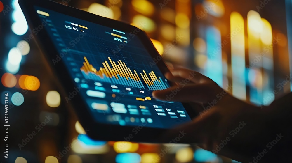 Poster businessman using digital tablet analyzing data economic growth graph chart business planning and st