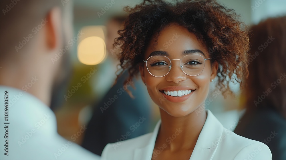 Fototapete Group of happy people in business attire engaged in a conversation in their office They are discussing and sharing ideas for their project showing teamwork and cooperation : Generative AI