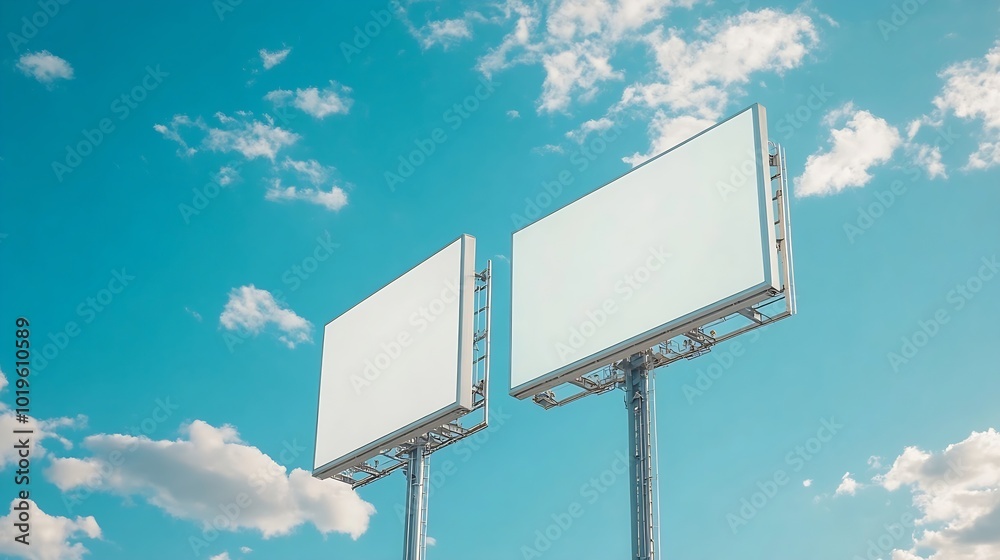 Poster Mock up two white vertical LED display billboard on tower building with blue sky background clipping path for mockup : Generative AI