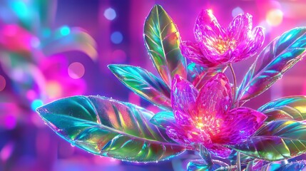 vibrant display of holographic flowers with rainbow shimmer, showcasing intricate details and colorful reflections. luminous petals and leaves create magical atmosphere