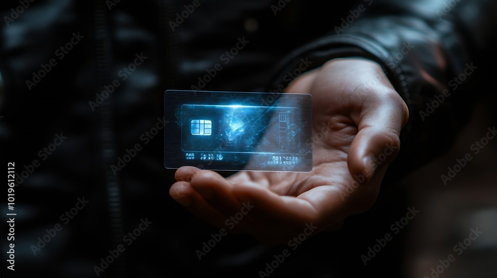 Aufkleber closeup image of hand and digital identification card or digital id on black background technology c
