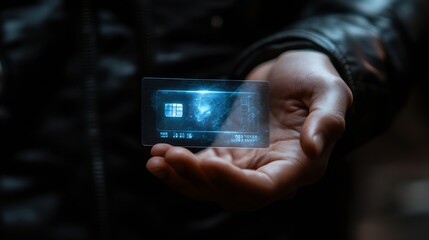 Closeup image of hand and digital identification card or digital ID on black background Technology concept : Generative AI