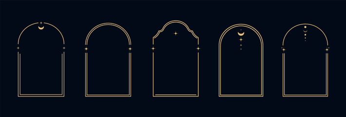 Vector set of linear golden frames, on a dark background, minimalist esoteric border, decoration stars month moon.Retro, boho.Tarot border magic sacred cover card frame gold line  mystery  Fortune 