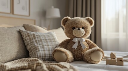 A cozy bedroom scene featuring a plush teddy bear seated on a bed with decorative pillows and a soft blanket, illuminated by warm natural light.