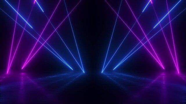 3D render, abstract neon lines on dark background with blue purple laser lights. Loop video
