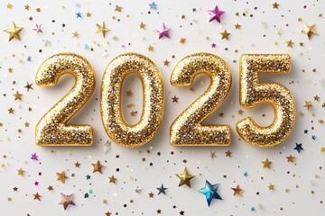 3D golden text "2025" on a white background with stars, confetti, and sparkles. A New Year concept.