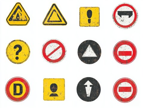 2408 7.A collection of caution signs arranged in a grid layout. The yellow warning triangles feature bold black exclamation marks, while circular prohibition signs are shown in red and white, each - Powered by Adobe