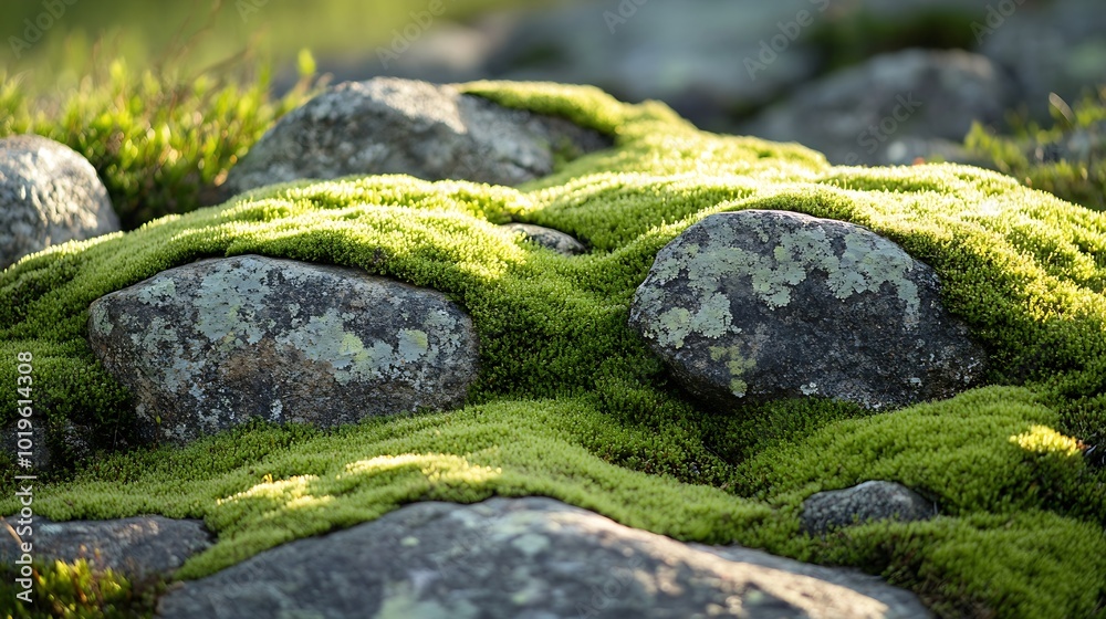 Poster beautiful bright green moss grown up cover the rough stones and on the floor in the forest show with