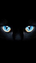 Close-up of a mysterious black cat's piercing blue eyes against a dark background.