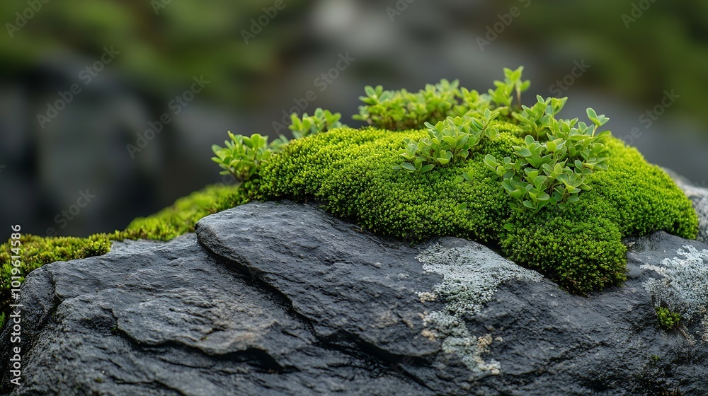 Poster beautiful bright green moss grown up cover the rough stones and on the floor in the forest show with