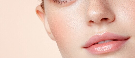 Fototapeta premium Close-up of a young woman's face with smooth skin and natural makeup, showcasing beauty and skincare.