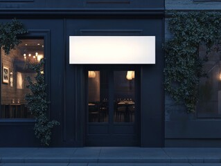 2408 30.A sleek and clean rectangular white sign mockup displayed on the exterior wall of a small restaurant. The sign is mounted above the entrance and stands out prominently against the dark