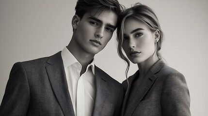 fashion shoot trendy couple in suits tailored stylish formal attire grey background models : Generative AI