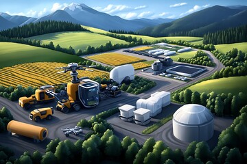 Watercolor scene of a futuristic farm with automated machines and drones assisting in crop management, symbolizing tomorrowâ€™s solutions for agriculture