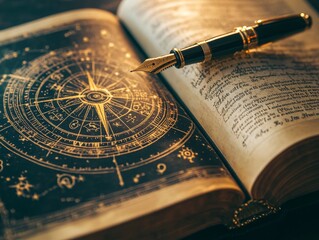 2408 58.An ornate astrology book open to a page displaying a detailed zodiac wheel. A fountain pen with a gold nib is positioned beside the book, pointing towards the wheel. The symbols of the zodiac