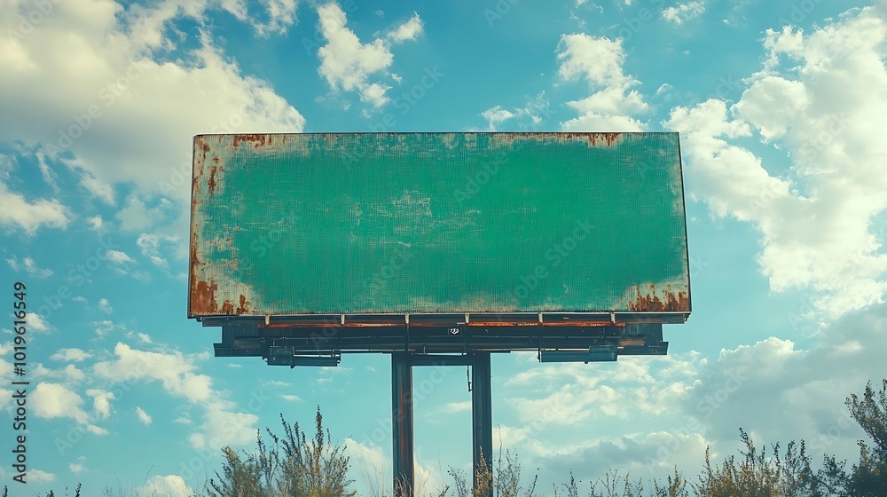 Leinwandbilder empty billboard with chroma key green screen on blue sky with clouds advertisement concept screen gr