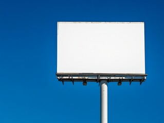 Obraz premium A simple, blank white billboard stretches high into a clear sky, illuminated by natural sunlight. The smooth white surface of the sign contrasts with the deep blue sky, offering an ideal space for com
