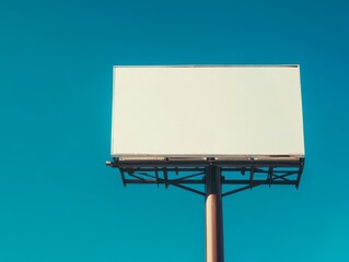 Obraz premium A simple, blank white billboard stretches high into a clear sky, illuminated by natural sunlight. The smooth white surface of the sign contrasts with the deep blue sky, offering an ideal space for com