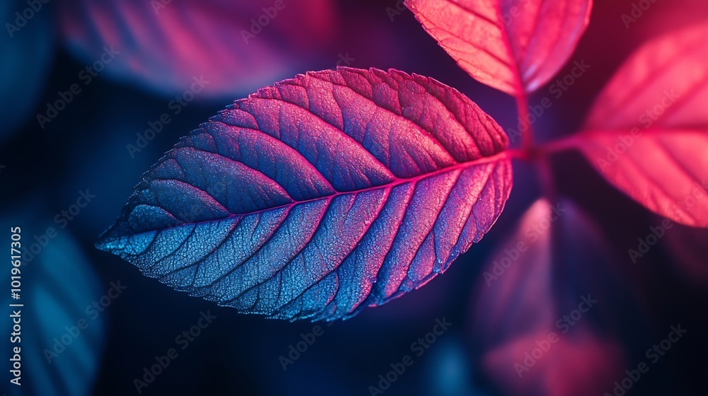 Aufkleber Close up Beautiful faded old leaf in neon light Minimalism retro style concept 80s Background pattern for design Macro photography view : Generative AI