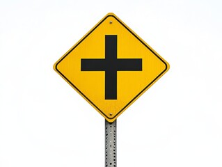 Fototapeta premium A clean, yellow intersection warning sign, featuring a bold black cross in the center. The sign is mounted on a tall metal pole and isolated against a clear white background, emphasizing its purpose a