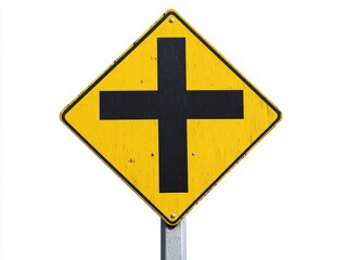 Fototapeta premium A clean, yellow intersection warning sign, featuring a bold black cross in the center. The sign is mounted on a tall metal pole and isolated against a clear white background, emphasizing its purpose a