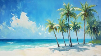 Oil painting of a tropical beach scene with palm trees, blue sky, and white sand.