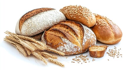 Loaves of different bread and wheat ears isolated on white background : Generative AI