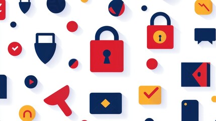 A colorful arrangement of locks, shields, and icons representing security, technology, and data protection in a modern graphic style.