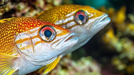 Fototapeta premium Mixed Swarm Oriental Sweetlips Plectorhinchus vittatus and twospot red snapper Lutjanus bohar Indian Ocean Maldives Asia : Generative AI