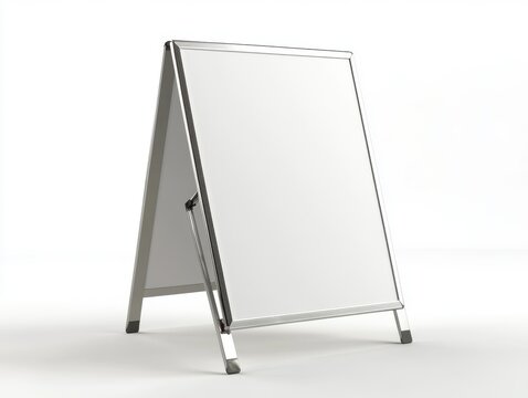 2408 141.A portable advertising stand with a double-sided blank display, the frame made of polished metal. The foldable mechanism is visible at the hinges, and the sign is shown in an open position