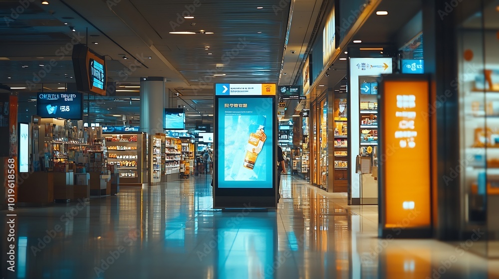 Poster sign and billboard mockup at duty free shop in departure terminal to promote your business or organi