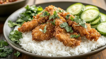 Fototapeta premium Crispy Fried Chicken with Rice and Fresh Cucumber Slices