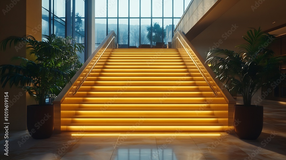 Fototapete a wide staircase along the large windows in an office building modern interior of the lobby of an of