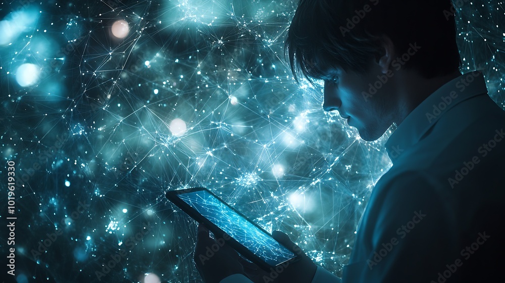 Poster Global internet network connection global business internet of thing concept Business man using digital tablet social networking digital marketing internet technology futuristic tech b : Generative AI