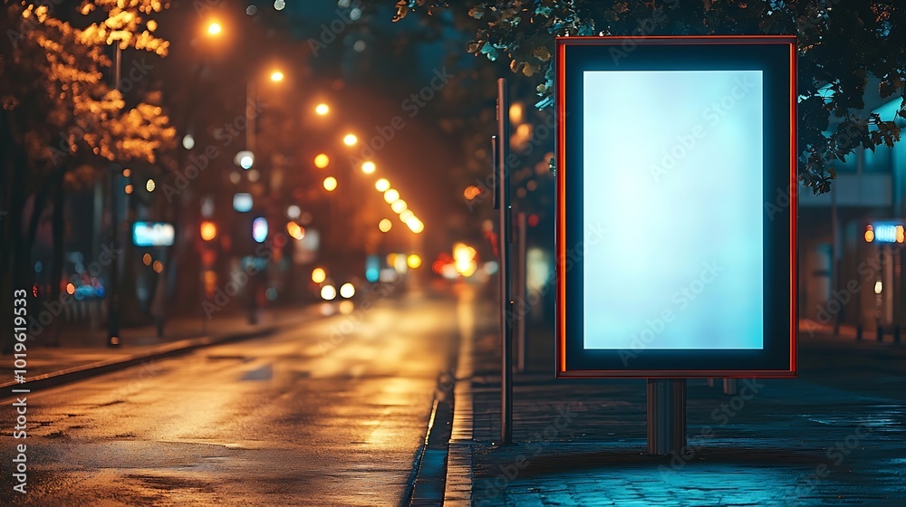 Aufkleber mockup of bus stop vertical billboard in front of empty street background at night blank advertising