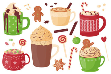 Christmas set of hot drinks. Festive cute mugs with hot cocoa, coffee, chocolate, whipped cream, marshmallows and sweets.