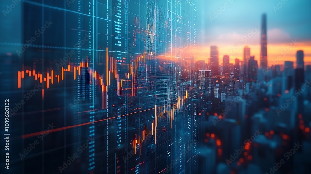 Poster Big data chart on city backdropTrade technology and investment analysisBusiness development financial plan and strategy : Generative AI