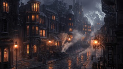 A misty cobblestone street in a dark city.
