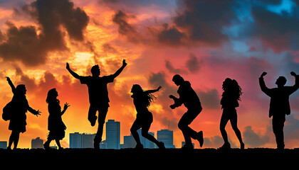 Fototapeta premium Silhouettes of people in various poses against dramatic sunset or city skylines to tell untold stories through body language