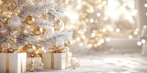 Beautifully wrapped gold and white presents beneath a decorated Christmas tree with glowing ornaments and soft bokeh lights, creating a warm and festive atmosphere