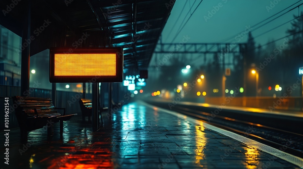 Aufkleber billboard on the passenger platform of a railway station at nightmockup : generative ai