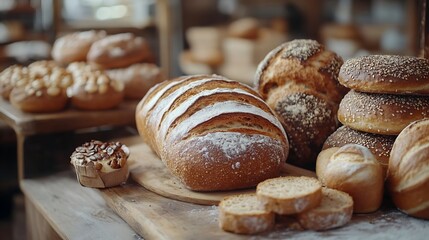 Assorted bakery products including loafs of bread and rolls : Generative AI