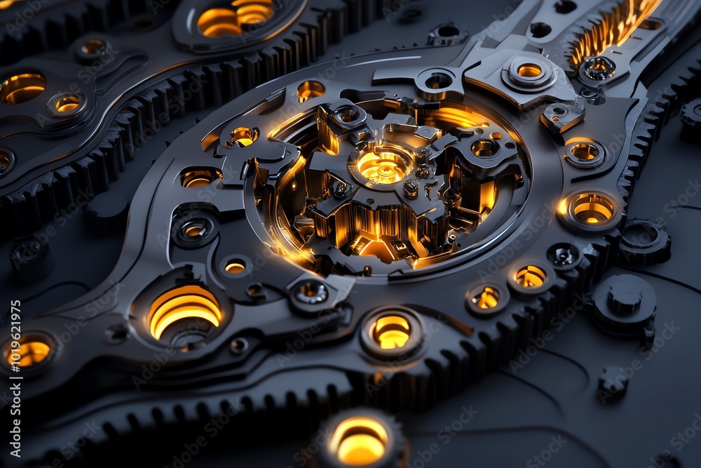 Poster 3d-rendered depiction of reverse engineering a complex mechanical part, with detailed textures and l