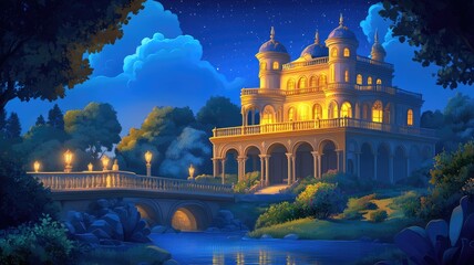 Naklejka premium A grand, illuminated manor with a stone bridge and river at night.