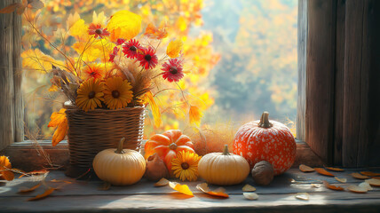 Colorful Autumn Harvest Setting Showcasing Seasonal Bounty on Wooden Surface